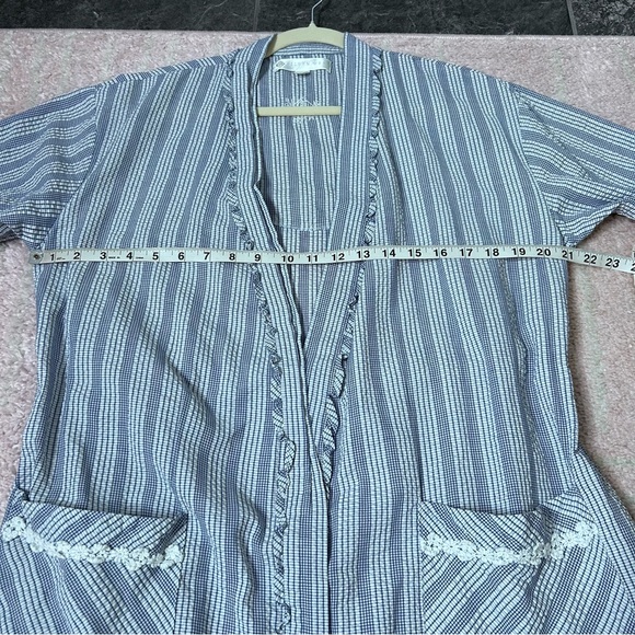 Eileen West Blue Off White Plaid Stripe Robe 3/4 Sleeves Size Small Medium - Picture 7 of 15